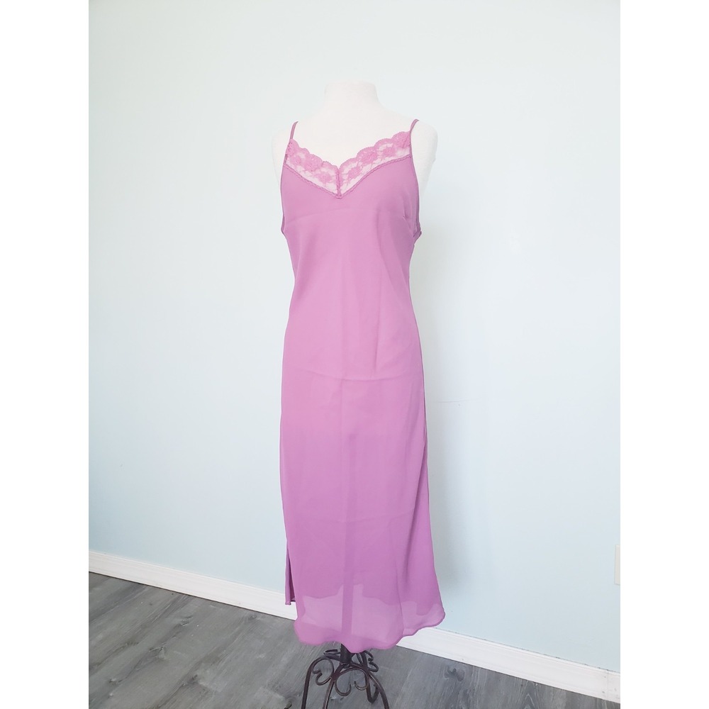 VTG 90s Ice Women's M Pink Purple Slip Dress Midi Gown Lingerie Lace Y2K Sheer